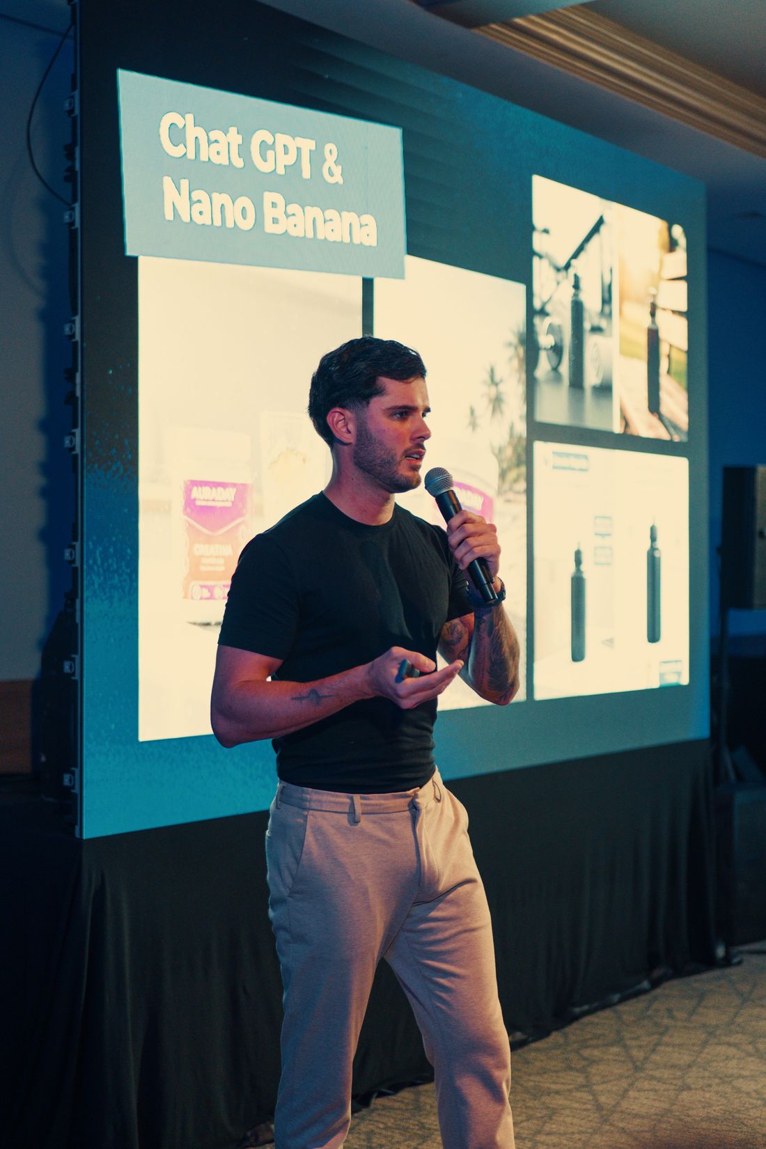 Thomas Macedo palestrando sobre IA: ChatGPT e Nano Banana aplicados a produtos