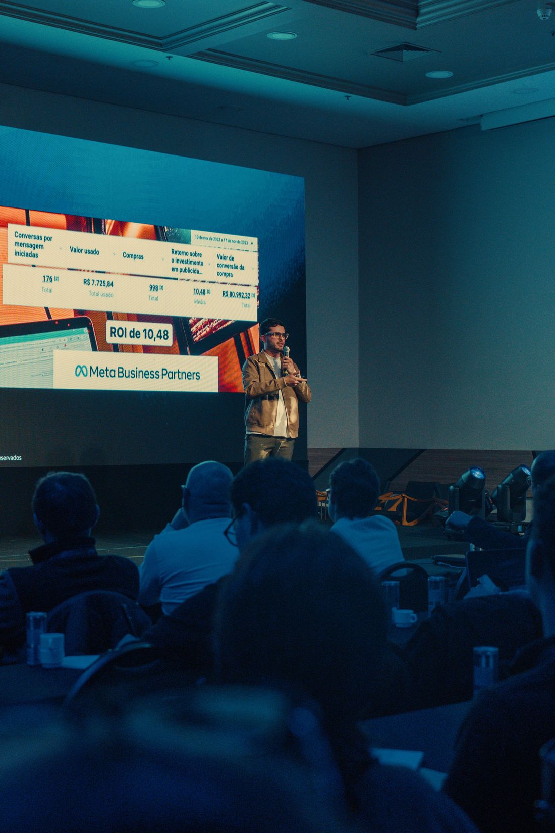 Thomas Macedo apresentando case com ROI de 10,48 — Meta Business Partners